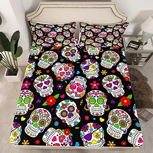 Homewish Sugar Skull Fitted Sheet Floral Gothic Skull Bedding Set 3pcs with 2 Pillowcases Halloween Theme Fitted Sheet Set for Kids Boys Girls Polyester Bedding All-Round Elastic Pocket,Queen Size