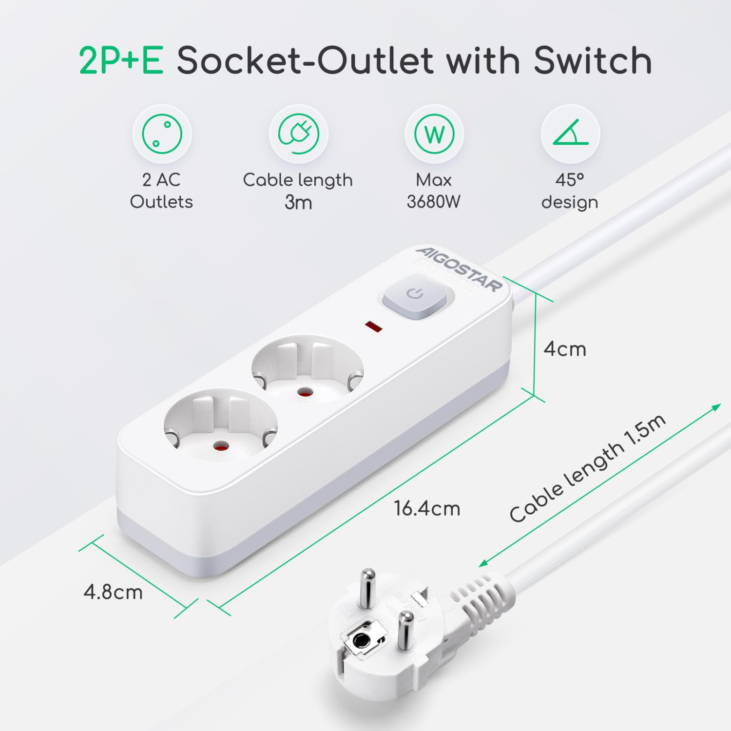 Aigostar Regleta Enchufes, Alargador Enchufe de 2 Enchufes con Interruptor, Cable de 3 Metros, Blanco — view 2