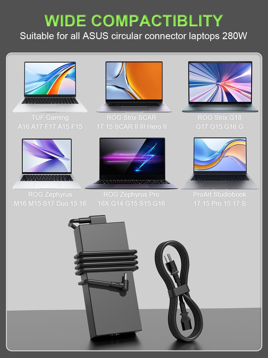 280W Charger for Asus ROG Strix G18 G17 G16 G15 G814 G713 G614 G513 SCAR 15 17 G733 G732 G533 TUF A16 Flow X16 GV601 ProArt W730 Zephyrus Duo 15 16 S17 GX703 GU604 Laptop Power Supply image 4 of 8 B0F1YVH6DK