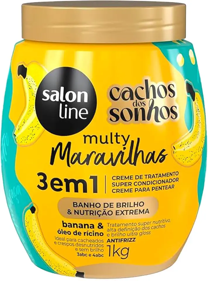 Salon Line, Creme de Tratamento 3 em 1, Multy Maravilhas, Cachos dos Sonhos, Banana e Óleo de Rícino, Vegano - Para Cabelos Cacheados e Crespos, 1kg