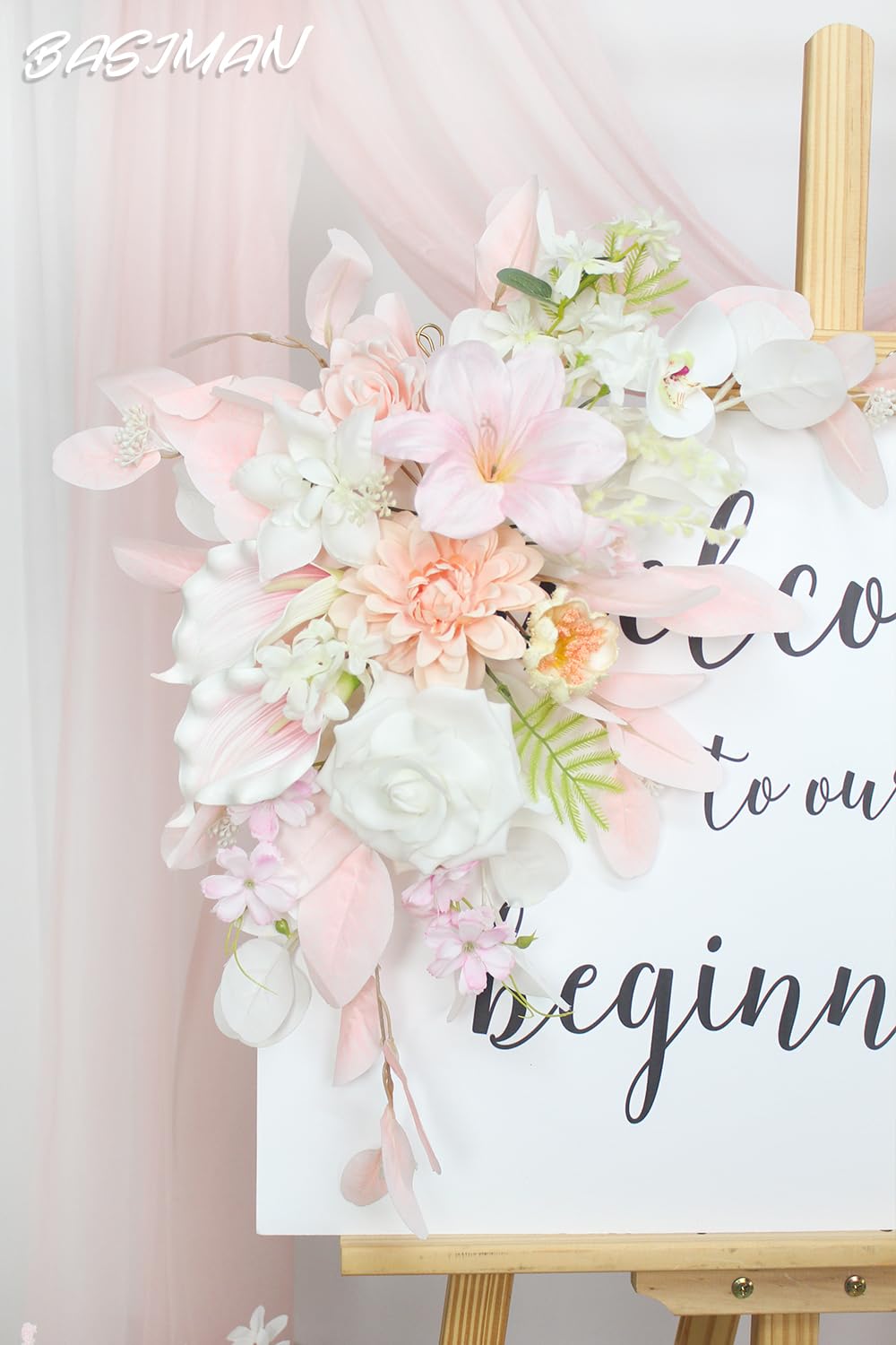 Set mit 2 Hochzeitsbögen, künstliche Blumen für Hochzeit, Willkommensschild, Hochzeitsdekorationen für Empfang und Hochzeitshintergrund (Eukalyptus-Rosa)