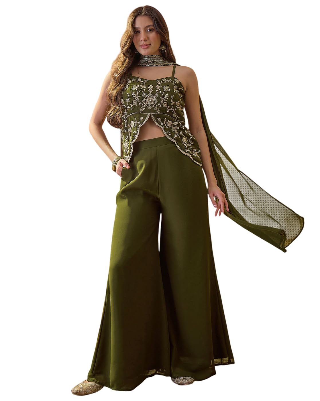 shewill Georgette Thread Zari Sequence Cording Embroidered Top With Palazzo and Supatta Fusion Set|Ethnic Wear-picture-40