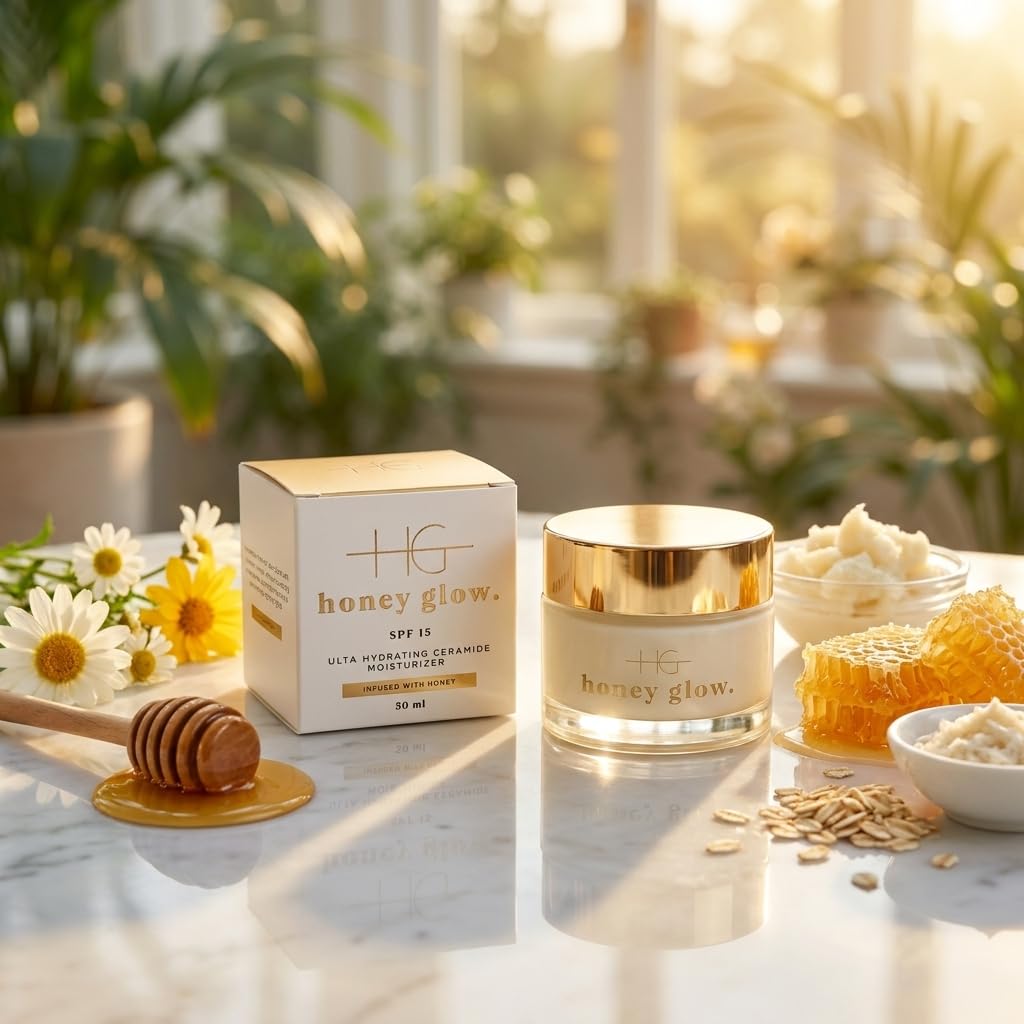 HoneyGlow ultra nawilżający ceramiczny krem do twarzy z miodem, wzmacnia barierę dla skóry i chroni przed światłem słonecznym, SPF15, sformułowany z niacynamidem, kwasem hialuronowym i