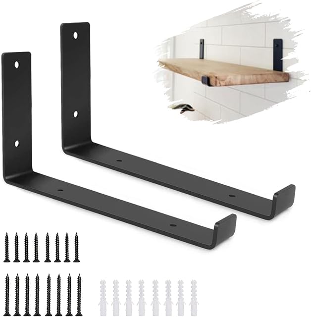Black Shelf Bracket, 2 Pcs Heavy Duty Shelf Brackets Industrial Shelf Bracket L Shape Right Angle Corner Bracket for Wall Mounted Shelve with Matching Screw and Anchors(5.5 x 8 inch)