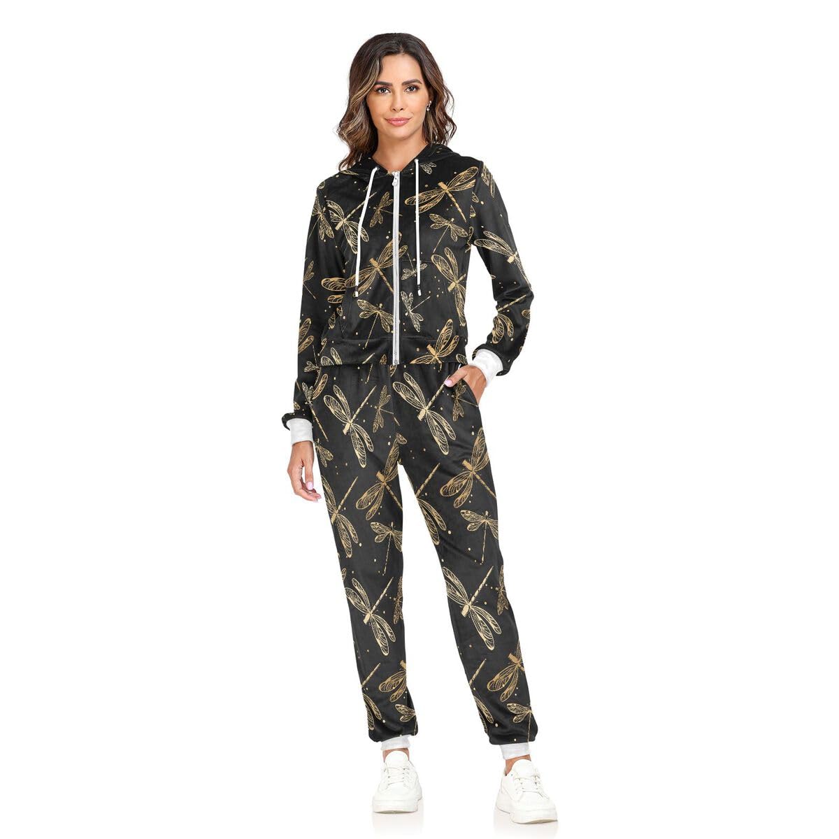 Conjunto deportivo de 2 piezas para mujer, diseño de libélula negra, conjunto deportivo de manga larga, estampado floral