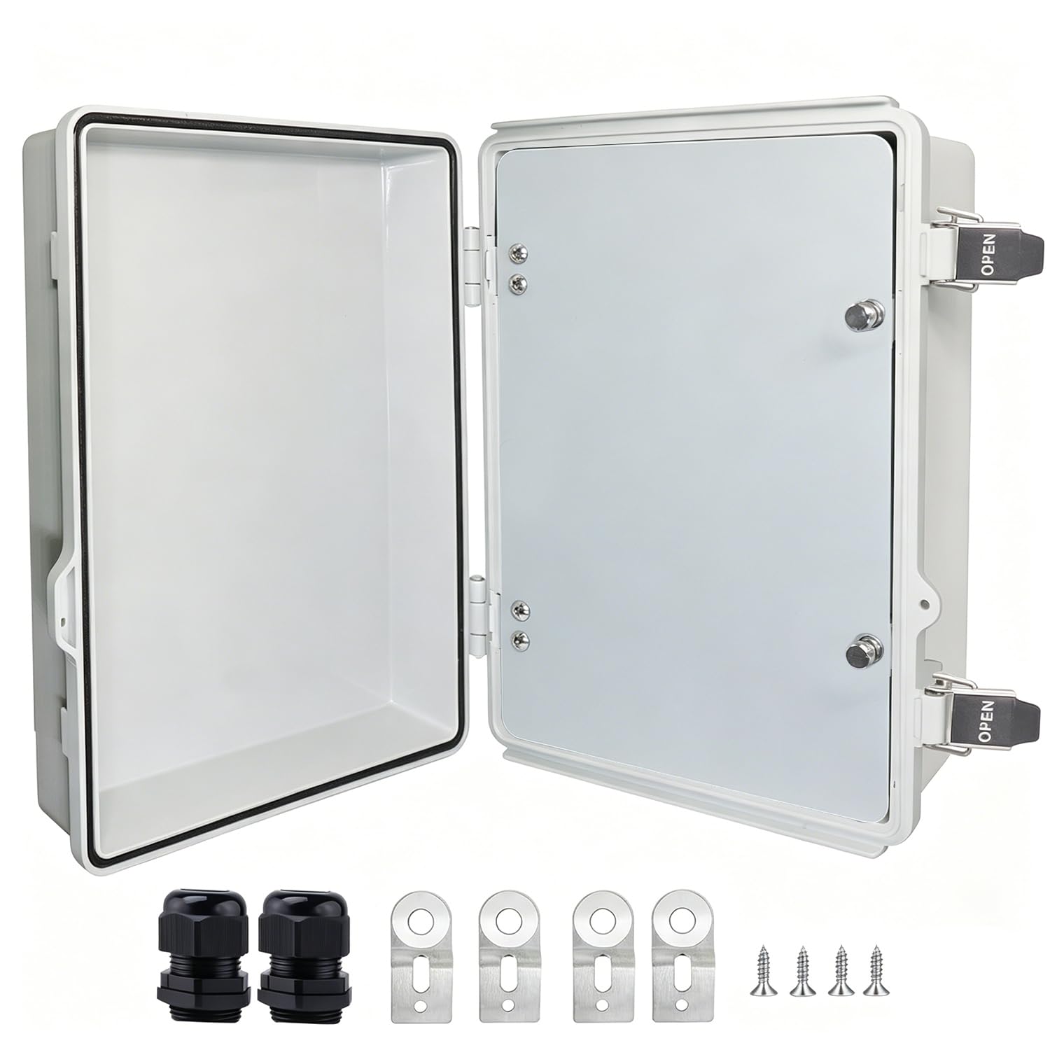 IP67 Waterproof Junction Box, ABS Plastic Electrical Enclosure with Stainless Steel Latch, Hinged Cover Electric Box with Mounting Plate, Wall Brackets & Cable Glands 280x190x130mm — Amazon image 12