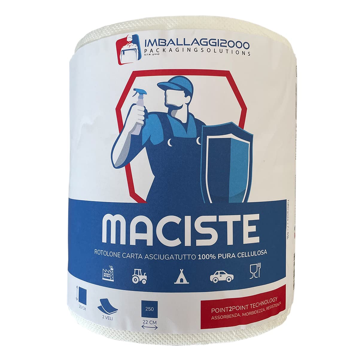IMBALLAGGI 2000 - Maciste Rotoloni Asciugatutto 12 Pz x 250 Strappi 20x22 cm, Carta Cucina 2 Veli in Cellulosa Assorbente, Bobina 20Hx18Ø - Rotoli Carta Casa ad Uso Domestico, Panno per Pulizia Cucina