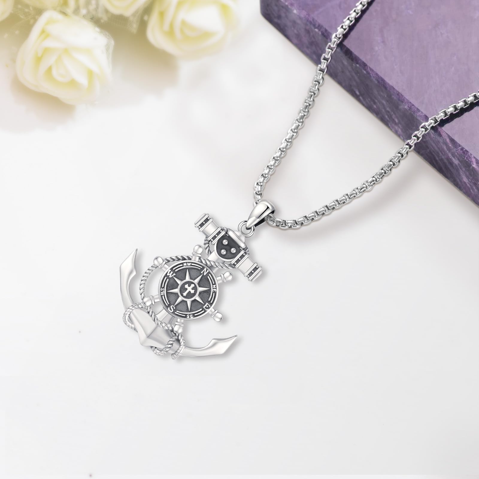 Eusense 925 Collar de Plata Esterlina Brújula Brújula Colgante de la Cadena de Regalo de Graduación de Joyería para Hombres y Mujeres Día de la Madre