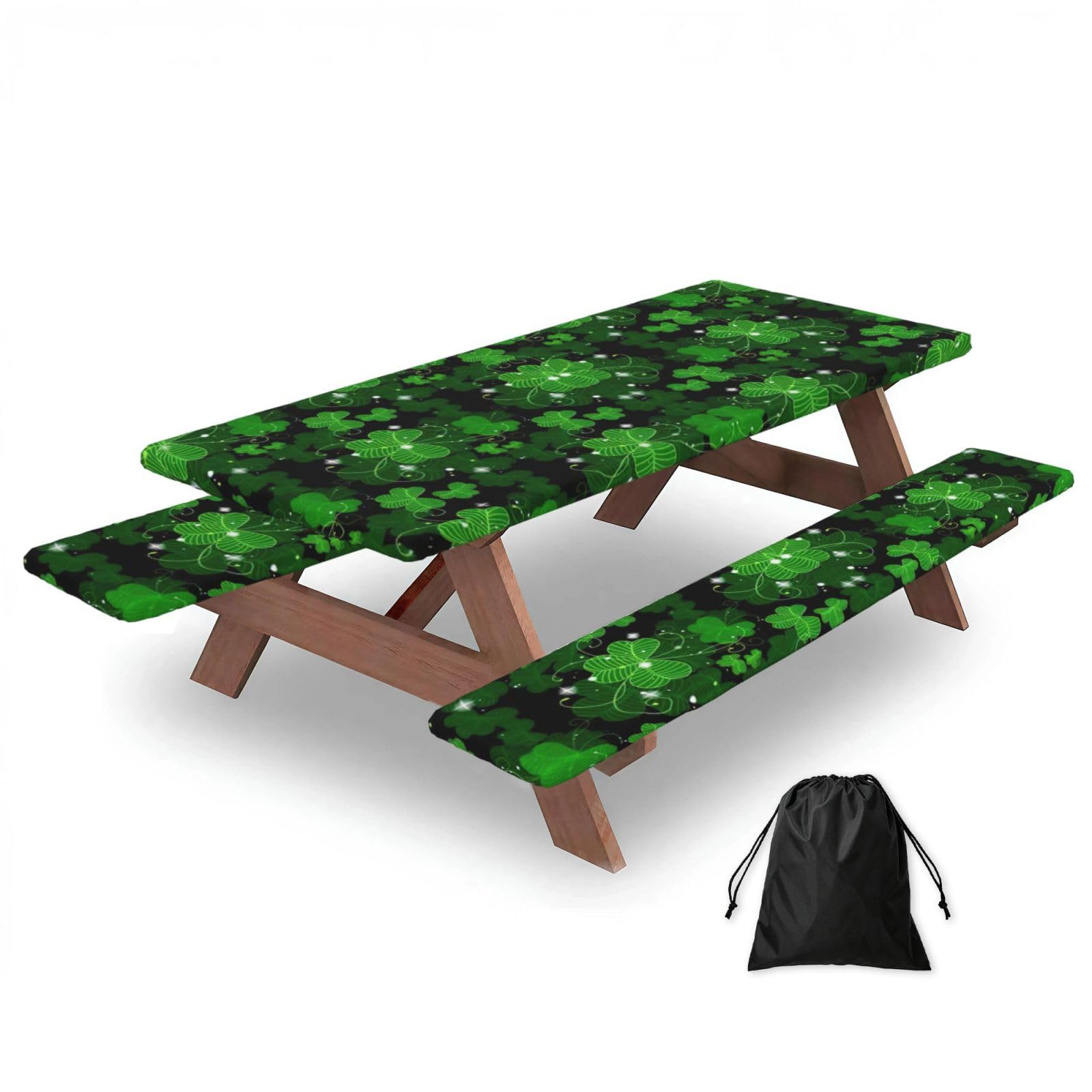 Zyjhyy Black St Patricks Day Leaves Print Party Table Covers With Bench Covers Set Of 3 Picnic Table Cloth Wipe Clean For Garden Camping