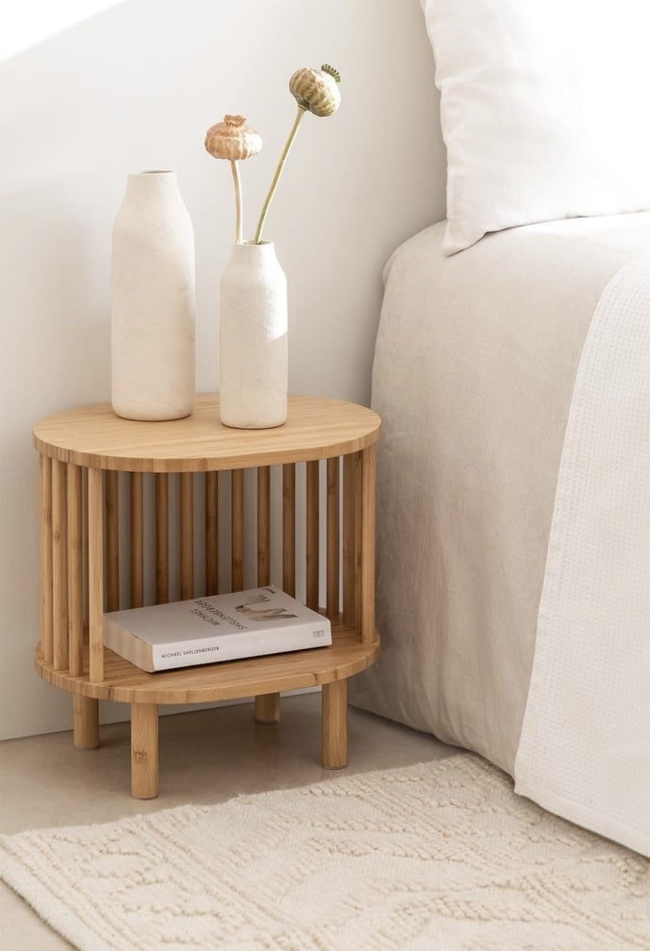 Round Bamboo Nightstand with Slatted Design, 2-Tier Side Table for Bedroom, Natural Wood-image-29