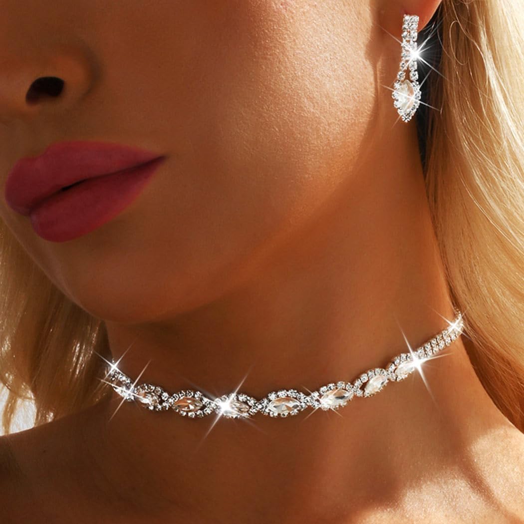 Nicute Formal Choker Necklace Jewelry Silver Rhinestone Necklace Earrings Set Crystal Wedding Costume Jewelry for Women (Silver) - Image 7