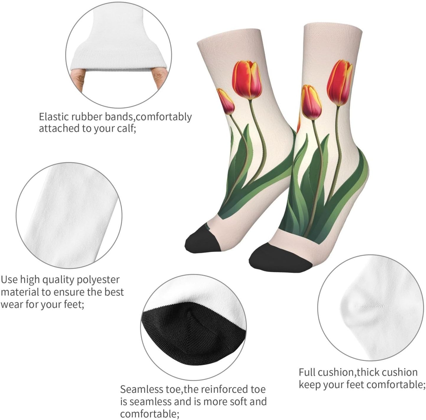 Pink background tulips Printed 1 Black mid calf socks, stretchy athletic socks, suitable for running and workouts