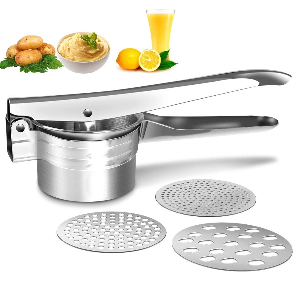 JoyzzzPotato Ricer, Potato Masher with Large Capacity, Stainless Steel Masher with 3 Interchangeable Ricing Discs, Kitchen Tool for Baby Food, Potatoes, Fruits, Vegetables, Juicer