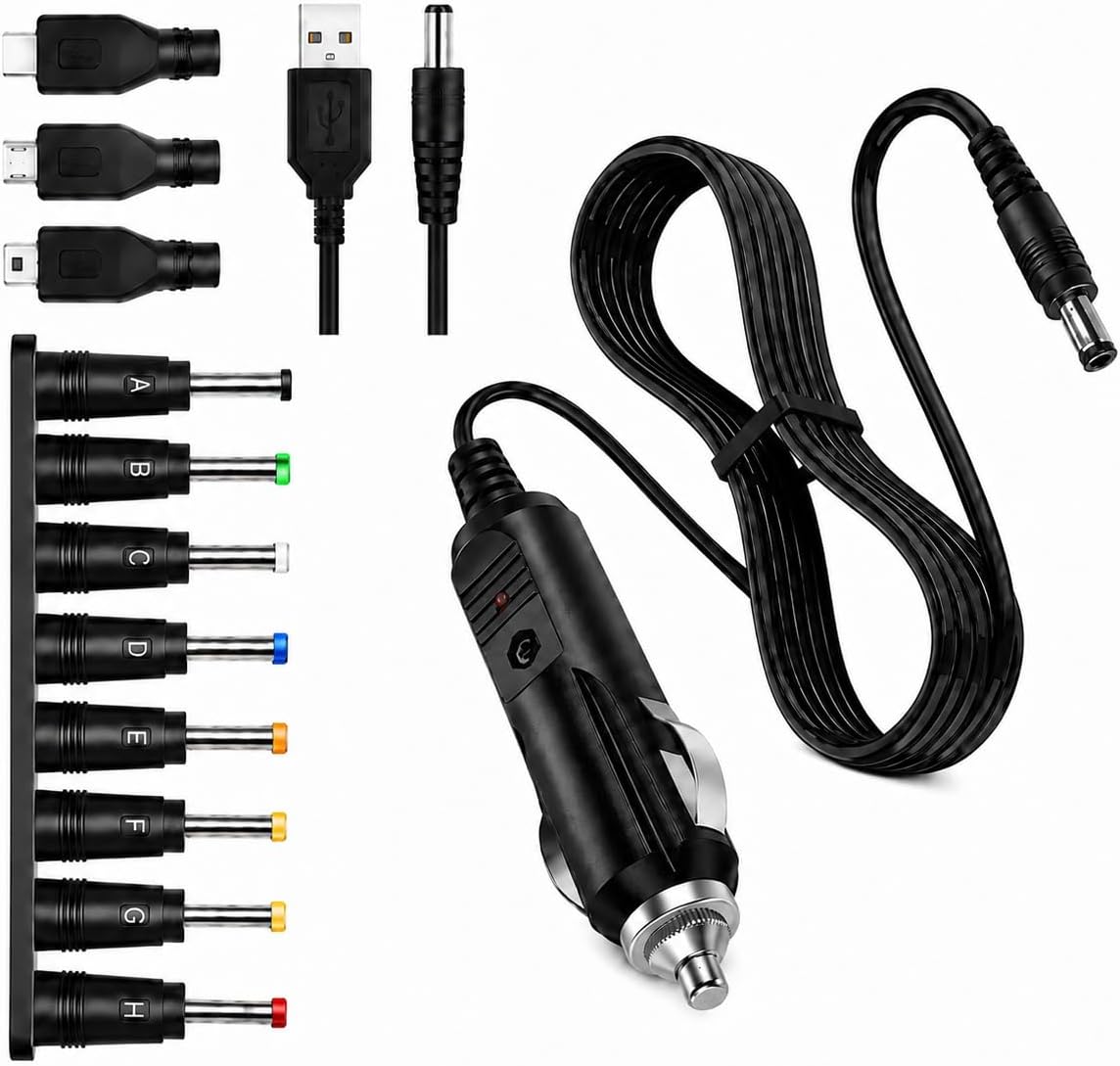 12V Car Charger with 5V DC Cable, 11 Connectors for GPS, DVD, Speaker | 3A Output, 1.5m Car Cable + 1m USB Cable, Connectors: Mini-USB, Micro-USB, Type-C, 5.5x2.1mm, 4.0x1.7mm & 6 More