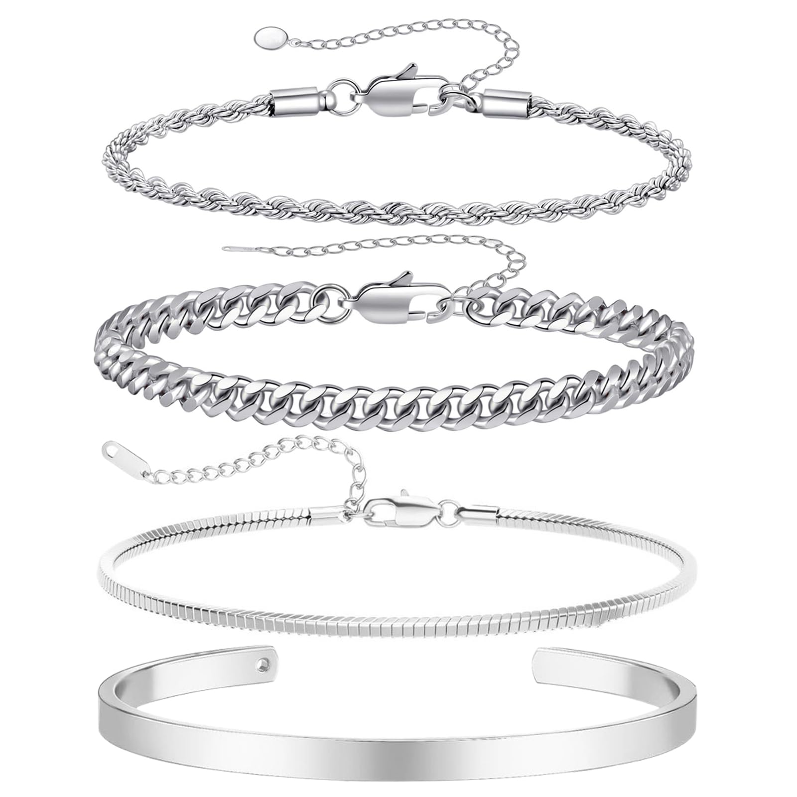 HTTDSLF 4 Piezas Pulsera Plata Hombre Pulsera de Hombre Cadena Acero Inoxidable Pulseras de Cadenas Cubana Regalos de Joyería para Hombres