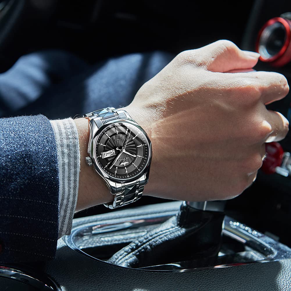OUPINKE Herren-Armbanduhr, automatisch, selbstaufziehend, mechanisch, Metall, Edelstahl, wasserdicht, analog, Datumsanzeige, Armbanduhr