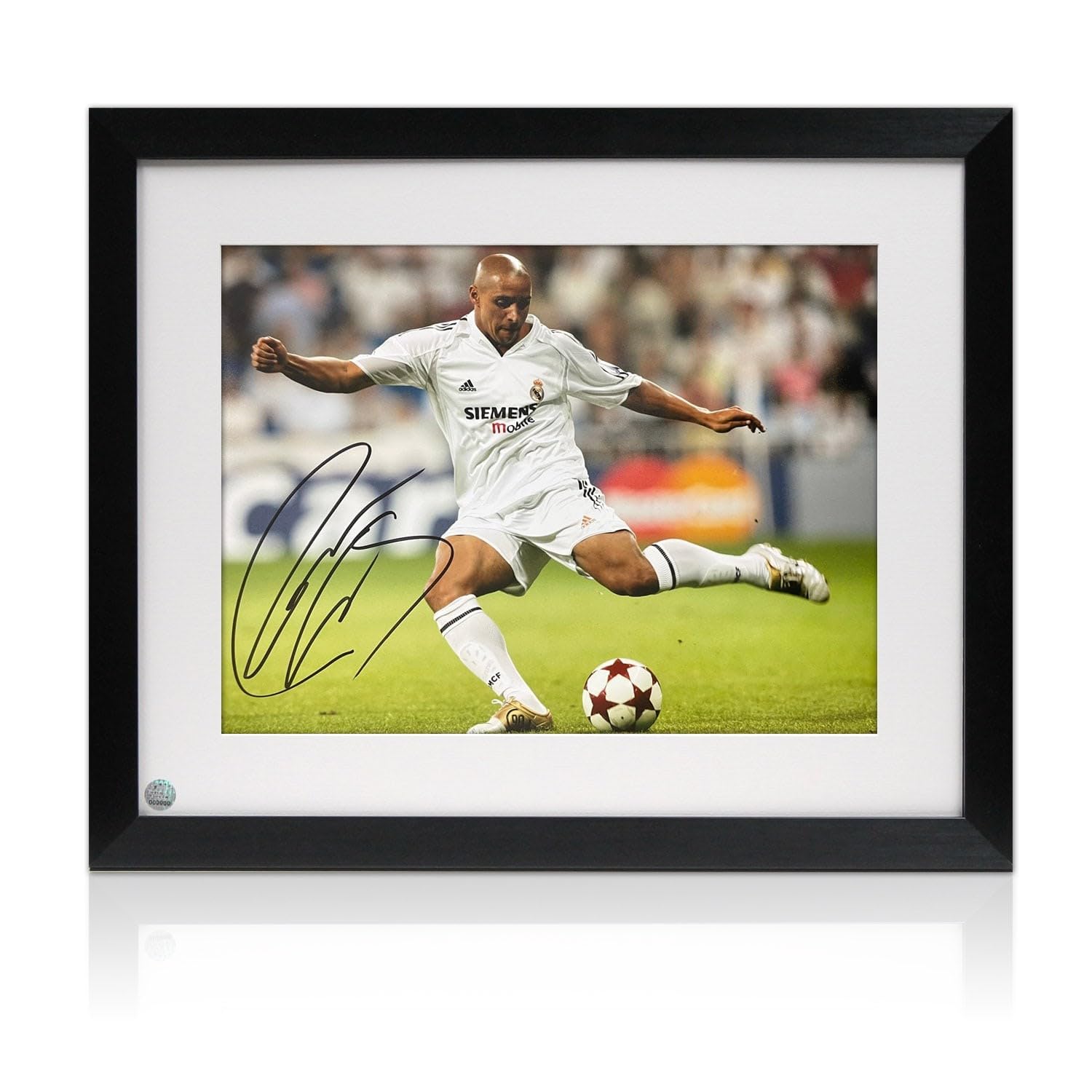 Exclusive Memorabilia Multi-Coloured Roberto Carlos Signed Real Madrid Football Photo. Framed