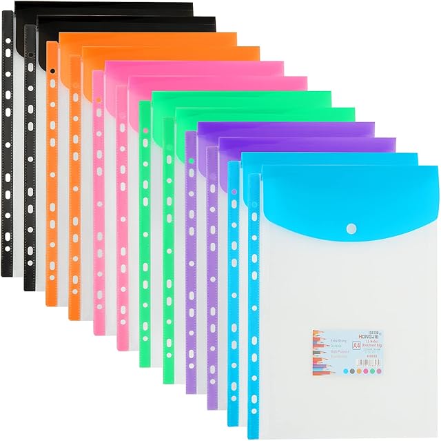 JMIATRY 12 Pack Punched Pockets A4 Plastic Wallets, 11 Hole Ring Binder A4, Expandable A4 Folders Wallet Plastic Document File Popper Wallet with Snap Button and Label Pocket for School Home Office
