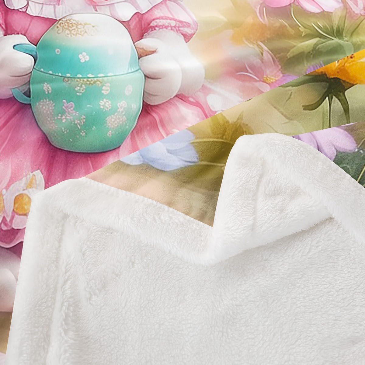 Feelyou Pink Cute Rabbit Sherpa Blanket,Dreamy Princess Rabbit Fleece Throw Blanket,Floral Bunny Rabbit Plush Blanket,Happy Easter Fuzzy Blanket for Sofa Bed Couch,Boys Girls Room Decor 60"x80"