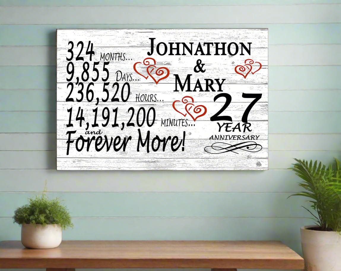 Personalized 27 Year Anniversary Sign Gift 27th Wedding Anniversary Present For Couple Days Minutes Years - Solid Wood - 16.5in x 10.5in x .75in (27 Year)