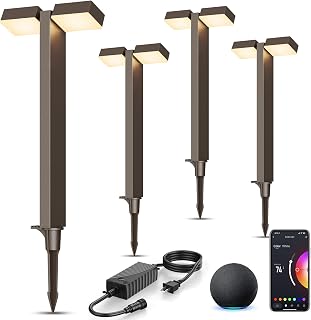 XMCOSY+ Low Voltage Landscape Lights, 4 Pack Landscape Lighting with Smart APP & Alexa Voice Control, Warm White & RGB Color, 12V 8W Waterproof Outdoor Pathway Lights for Yard Garden Lawn Walkway