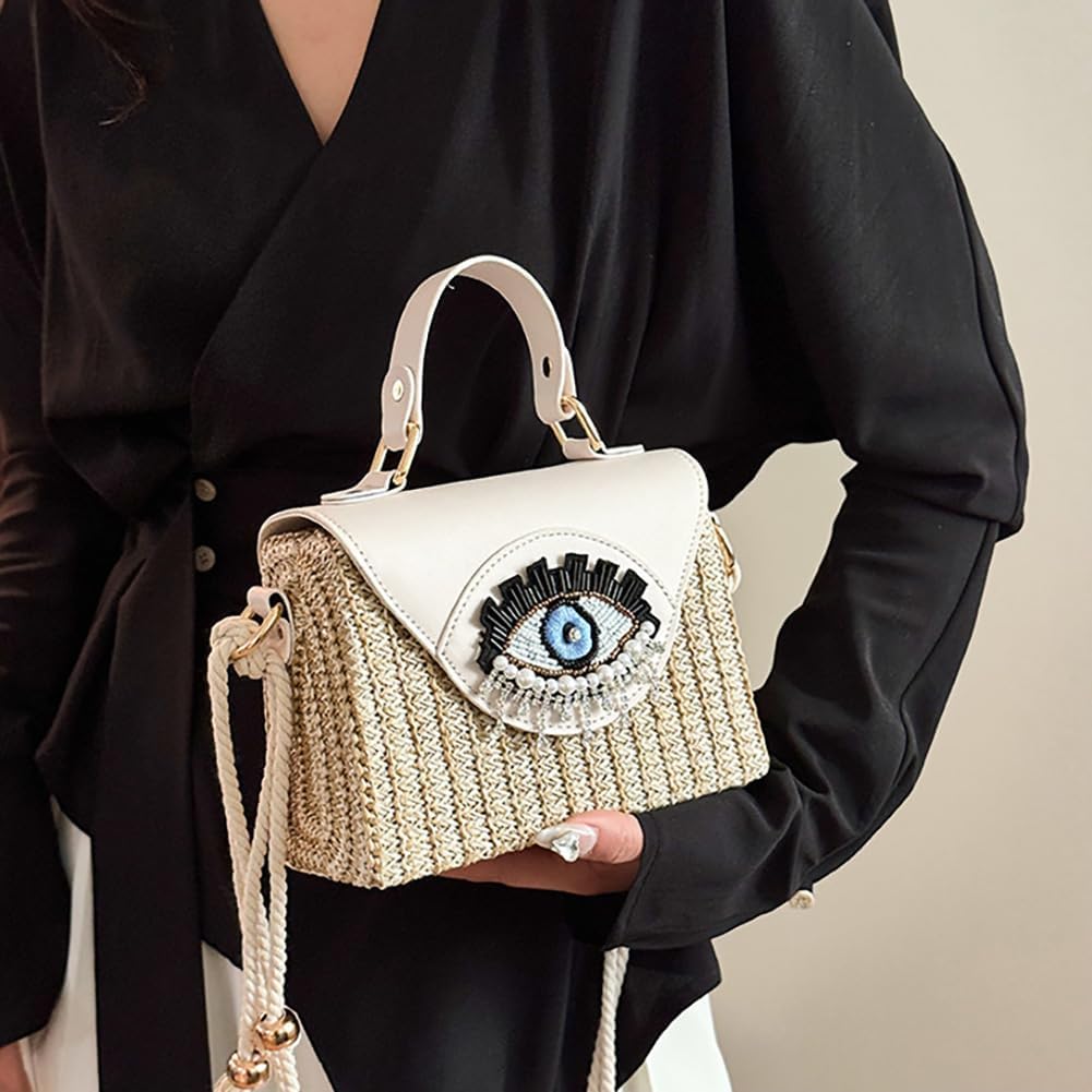 Handmade Bohemian Style Straw Handbag with Evil Eye Embellishment, Novelty Funny Crystal Decor Box Crossbody Bag Tote Clutch