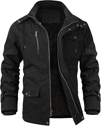 INVACHI Mens Thick Winter Jacket With Hood,Fleece Lining Cotton Military Jackets,Work Coats with Multiple Pockets