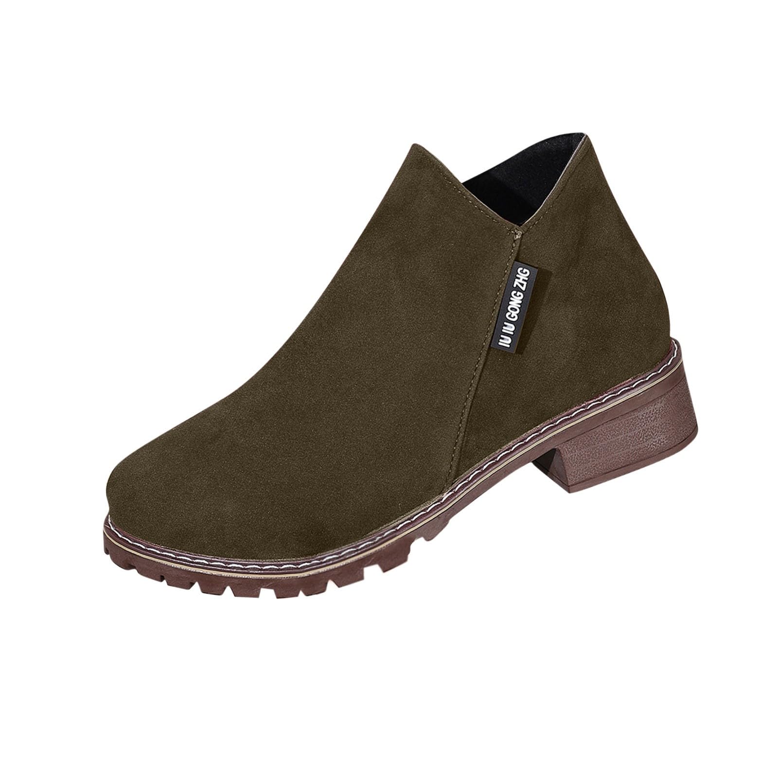 Womens Fashion Suede Ankle Boot Comfort Lug Sole Slip-On Shoes Round Toe Chunky Heel Western Bootie with Zippers