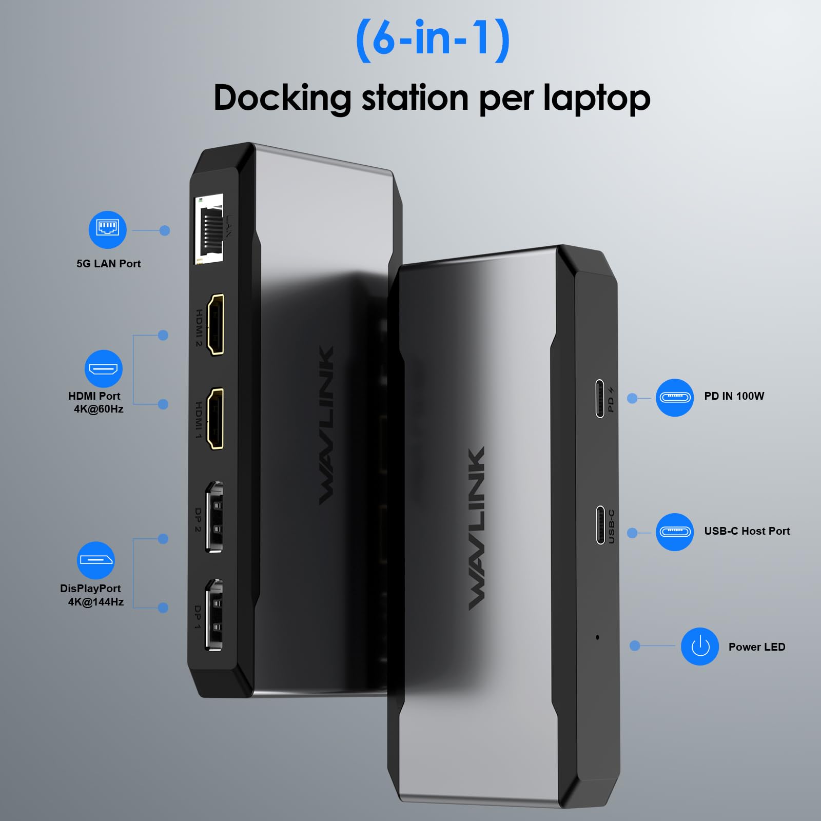 Docking station WAVLINK USB C doppia HDMI, 4 monitor con 2 DP, 2 HDMI, ingresso PD da 100 W, porta Ethernet 5G per Dell/HP/Lenovo ecc., solo computer con sistema Windows - Host USB3.2 richiesto