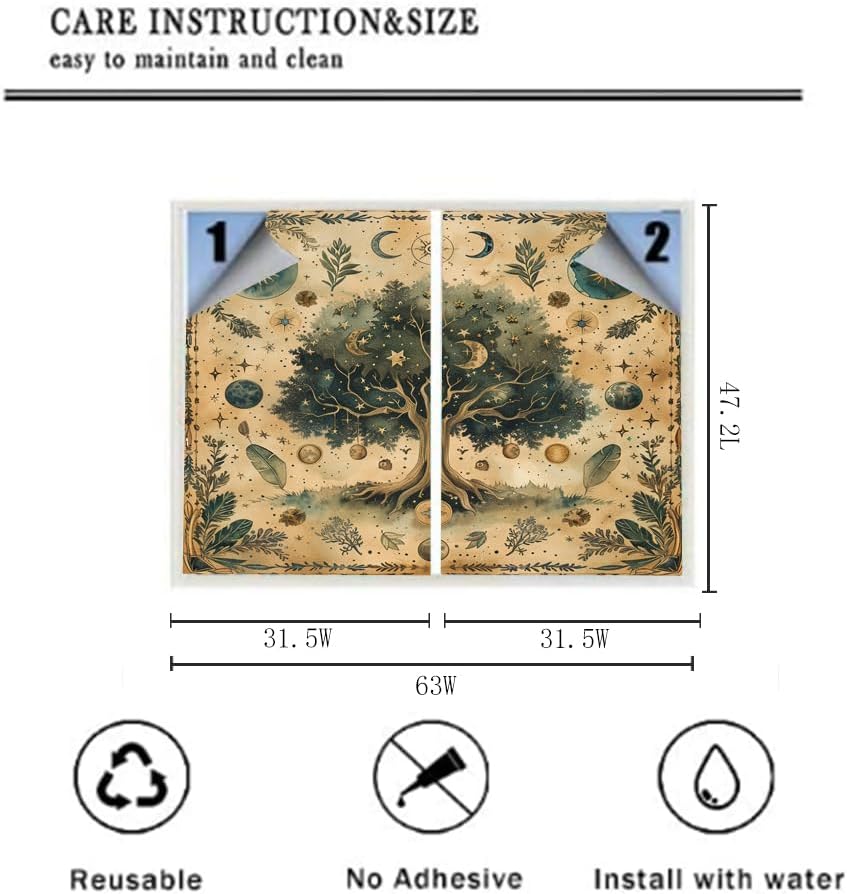 Rustic Boho Tree of Life Stained Glass Window Privacy Film Watercolor Abstract Galaxy Sun Moon Green Leaves Opaque Window Sticker for Home Bathrooms 2 Panels 31.5 W x 55.1 L