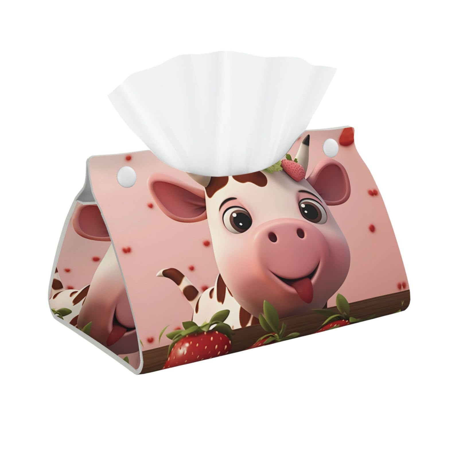 Cows and Strawberries Rectangular Leather Tissue Box Cover, Folding Facial Tissue Holder Dispenser for Car