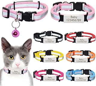 Personalized Nameplate Cat Collar Bell Necklace Safety Reflective Nylon Custom Engraved ID Name Tag Cat Collar Puppy Pet Collar (M (25cm - 40cm), Yellow)