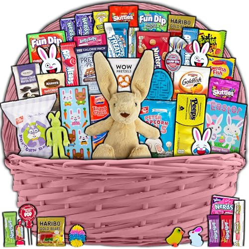 Pink Easter Basket for Kids and Adults (45ct) - Already Filled Easter Gift Basket with Plush Easter...