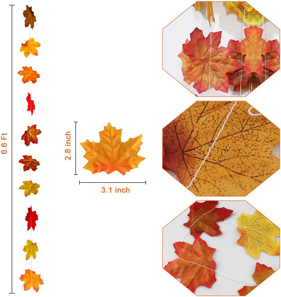 Fall Maple Leaf Garland, Artificial Autumn Maple Leaves Plants Vine Hanging Garland for Home Garden Kitchen Office Wedding Wall Doorway Party Backdrop Decoration Thanksgiving Decor 6.6ft Long