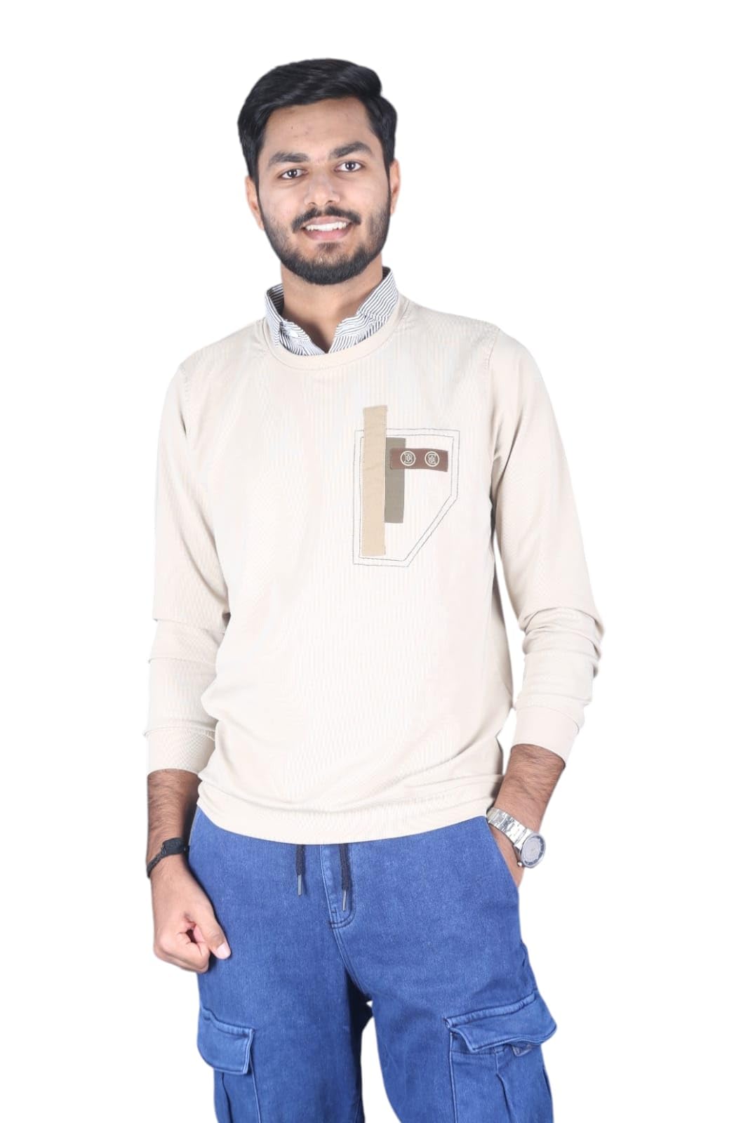 buy Men's Beige Knit Pullover Sweater With Cargo Pocket Detailing And Button Closure-picture-28