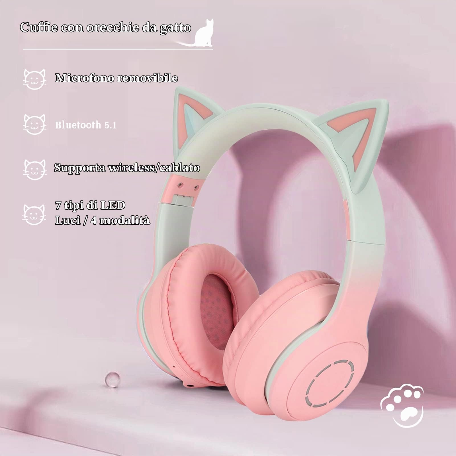 Gugxiom Cuffie Cat Ear, Cuffie da Gioco Wireless Tramite Bluetooth Cavo AUX da 5.1/3.5mm, Cuffie Pieghevoli con Luci LED a 7 Colori e 4 modalità LED per Ragazze, Adulti(Rosa)