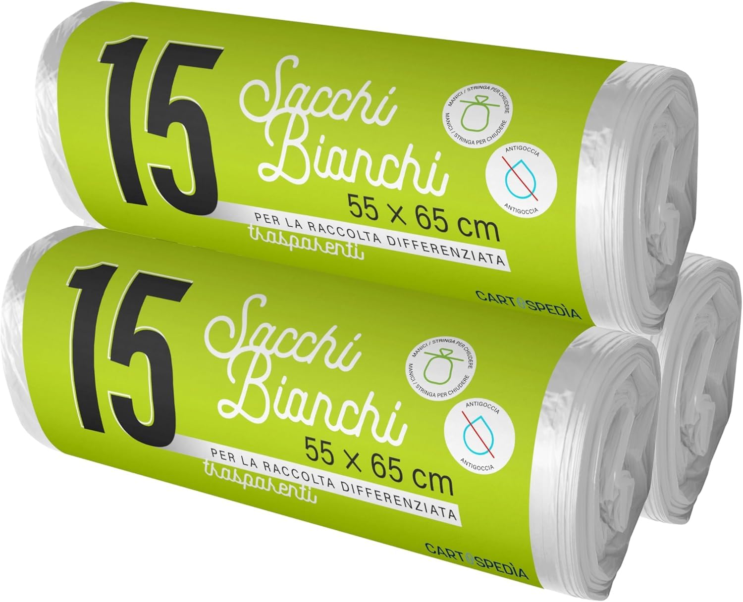 45 Sacchetti Spazzatura - BIODEGRADABILI- MISURA: 55x65 cm - con Manici | Sacchetti Immondizia da 40L, Trasparenti per Raccolta Differenziata | Buste Anti Umidità, Plastica Riciclata, Trasparenti