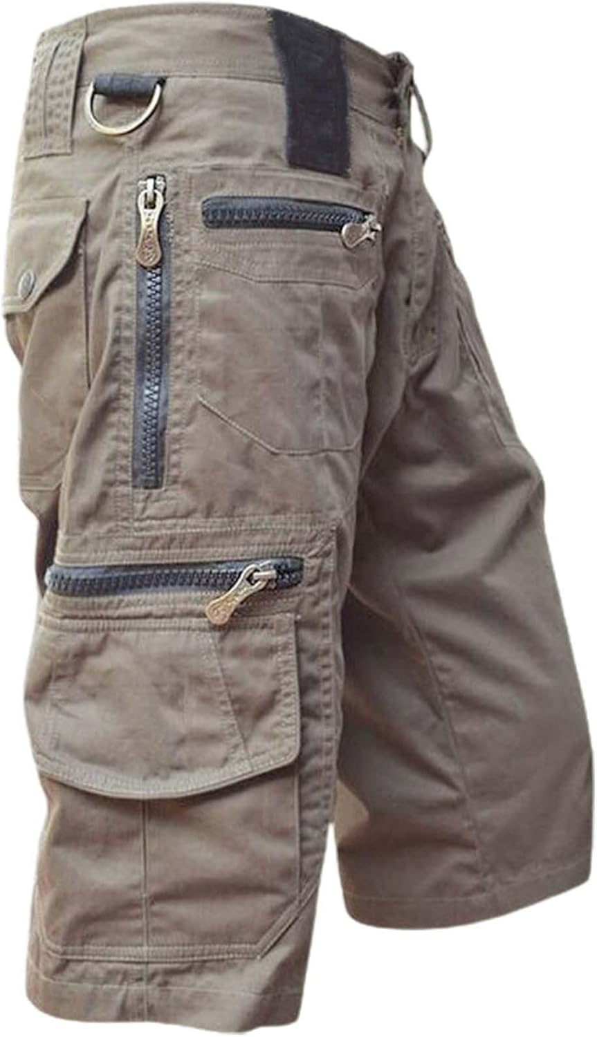 Spodnie Cargo Męskie O Długości 3/4 Z Wieloma Kieszeniami Szorty Cargo Workowate Kieszenie Na Suwak Bermudy Czarne Wygodne Spodnie Rekreacyjne Męskie Spodenki Robocze Vintage, Brown, L