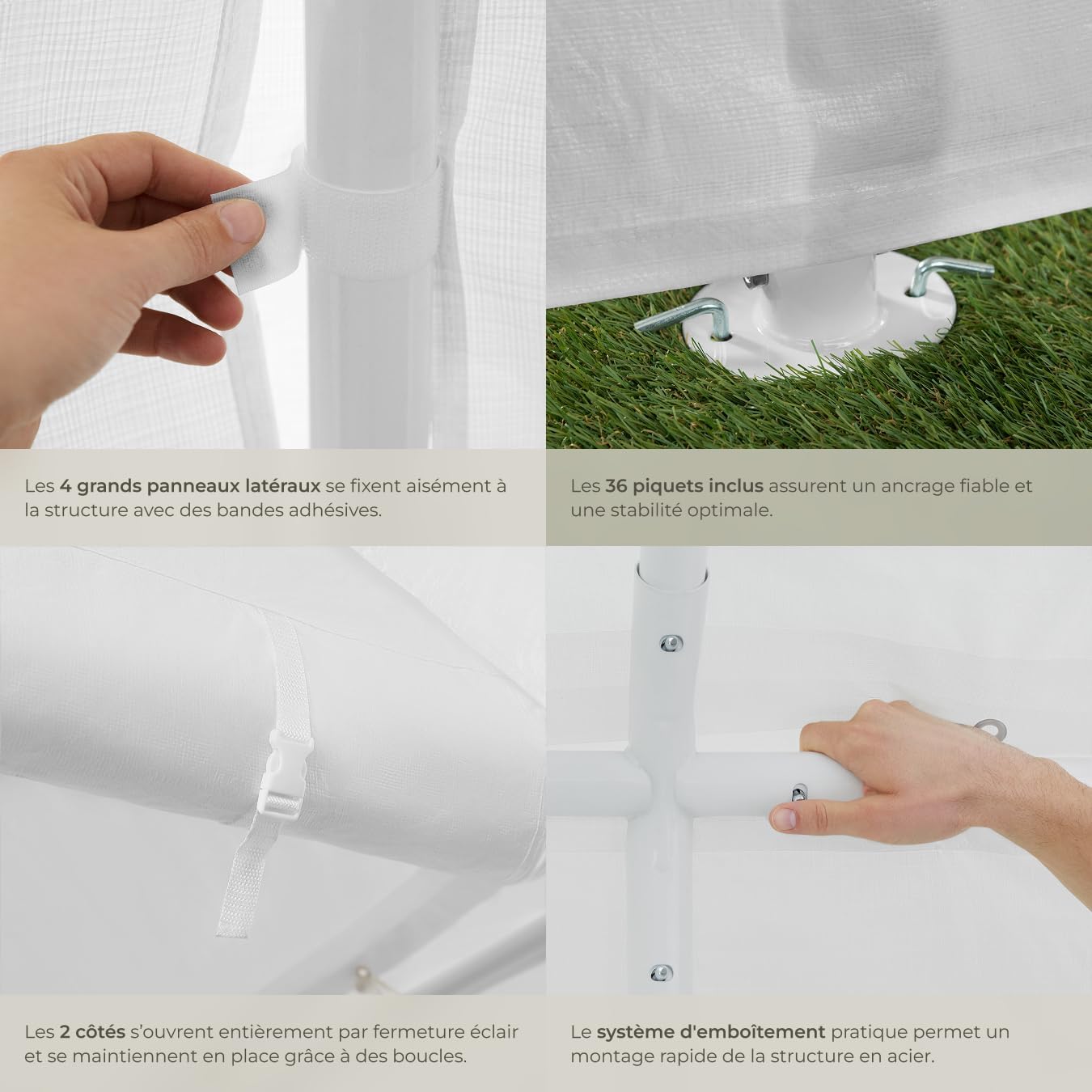 Detailed images showing gazebo assembly steps: side panel attachment, ground stake, zipper opening, and frame connection.