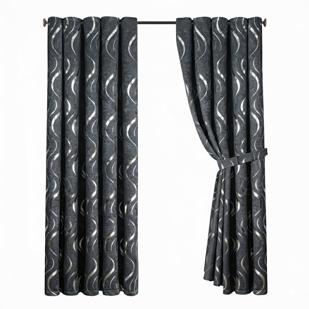 Opulent Dreams Room Darkening Curtains – Thermal Insulated Eyelet w/Tie Backs – Foil Printed Silver Wave Design – Energy Efficient Drapes for Bedroom – Set of 2 (Grey, 66" x 54" (168 x 137 cm))