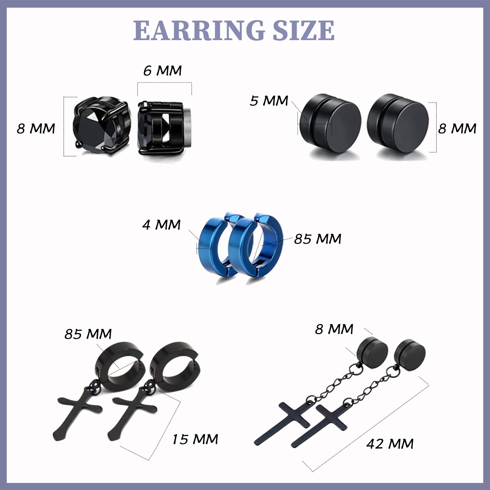 Juego de 16 pares de aretes magnéticos para hombres y mujeres, de acero inoxidable 316L, aretes de aro con clip sin perforación, aretes de circonita cúbica, Metal, Circonia cúbica 2