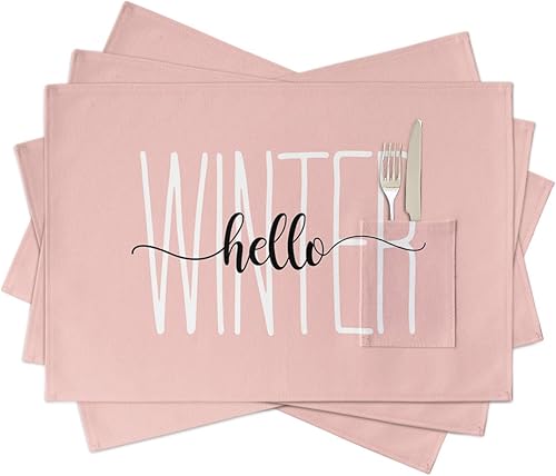 Hello Winter - Juego de 4 manteles individuales tejidos, lavables y lavables con bolsillo, manteles individuales de tela navideña para fiestas,