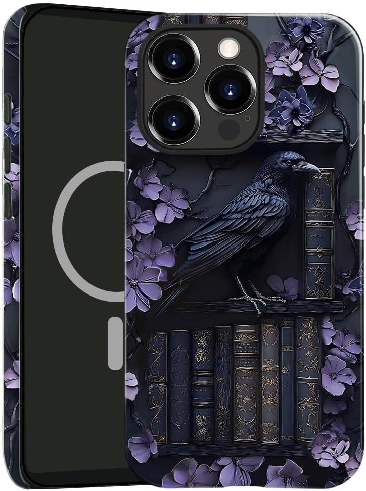 TnXee Case Compatible with iPhone 16 Pro Max,Compatible with MagSafe,Glossy Fall Prevention Hybrid 2-Layer Hard Shell Cases for Girls Boys,Purple Floral Crow Bookshelf