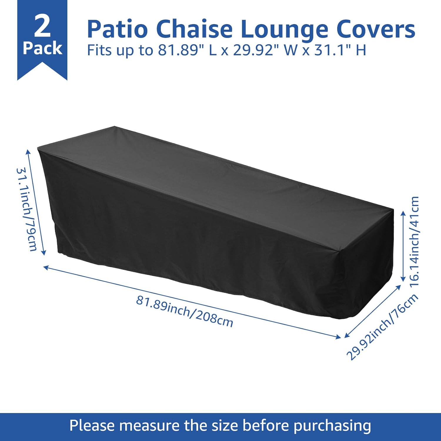 2 Pack Patio Chaise Lounge Cover, 210D Lightweight Lounge Chair Covers Waterproof Outdoor, Patio Furniture Covers for Outside - 81.89"L x 29.92"W x 31.10"H, Black