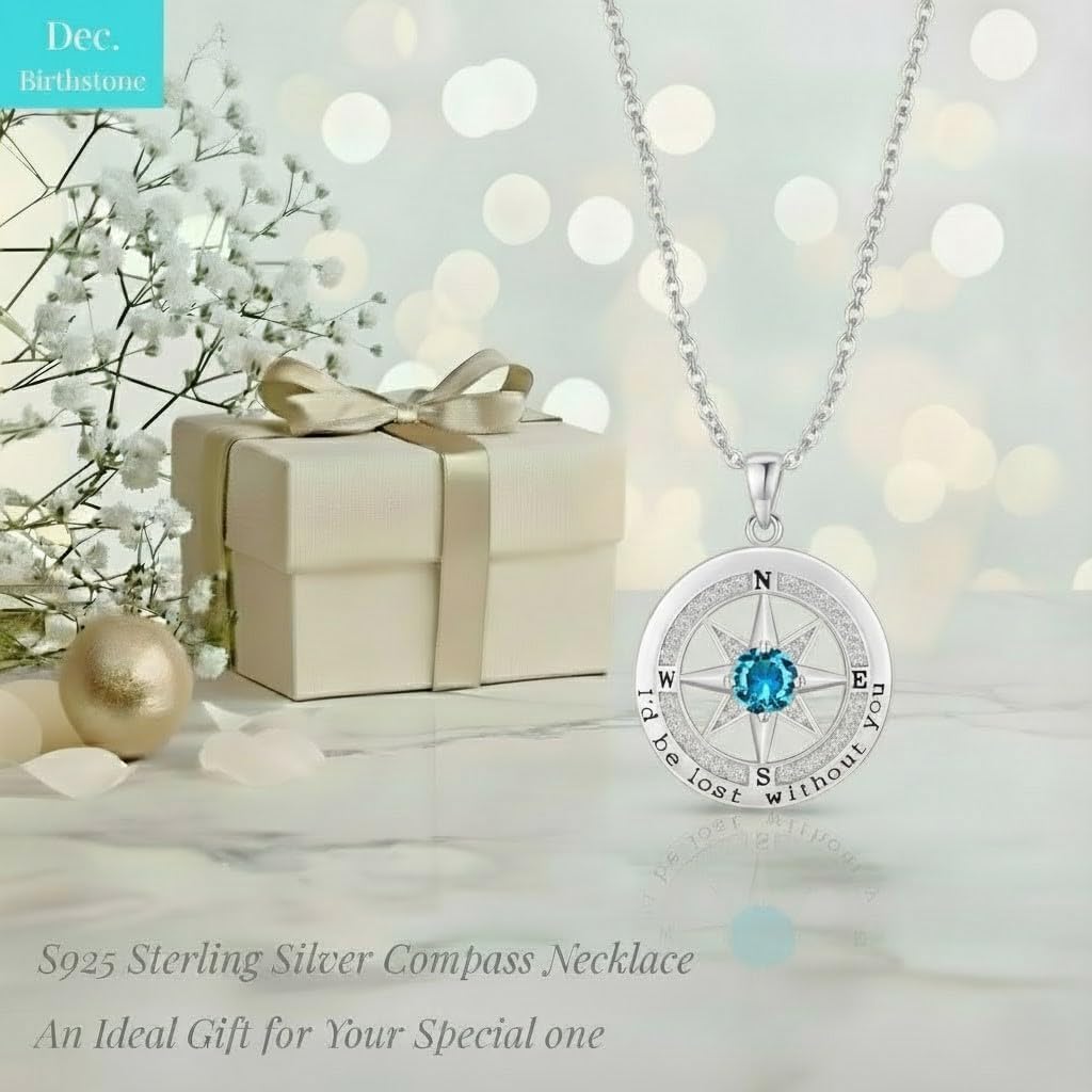 Compass Necklace for Women Wife Girlfriend Mom Daughter Gifts S925 Sterling Silver Jewelry For Anniversary Rose Gold Gifts For Birthday Christmas Mothers Valentines Day 12 Birthstones - Image 3