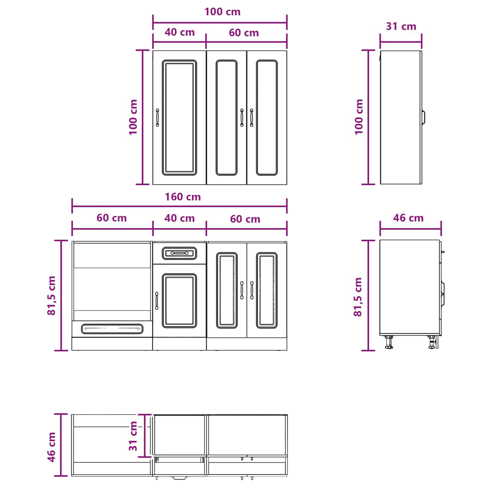 Kalmar Küchenzeile 5-teilig Hochglanz Weiß Küchenblock mit Hängeschrank und Unterschrank Moderne Einbauküche aus Holzwerkstoff für Kleine Küchen und Ferienwohnungen