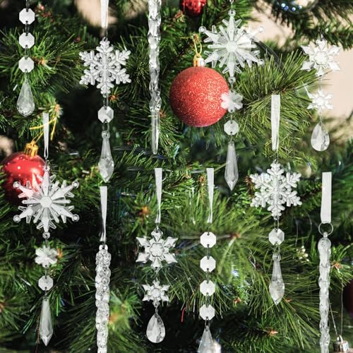 MSQ 12PCS Crystal Christmas Ornaments for Tree Clear Acrylic Snowflake Icicle Crystal Hanging Ornaments with Drop Pendants for Winter New Year Party Decorations