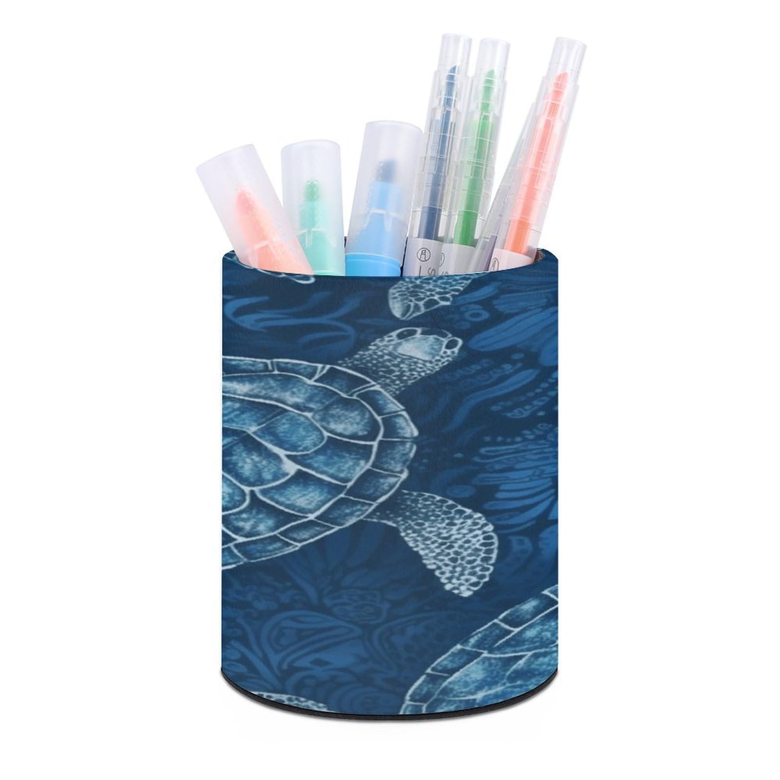VstaDank Sea Turtle-Blue Pen Holder PU Leather Pencil Cup Minimalist Desk Pencil Holder Round Make Up Brush Organizers For Office Dorm Room&Vanity Desk Accessories