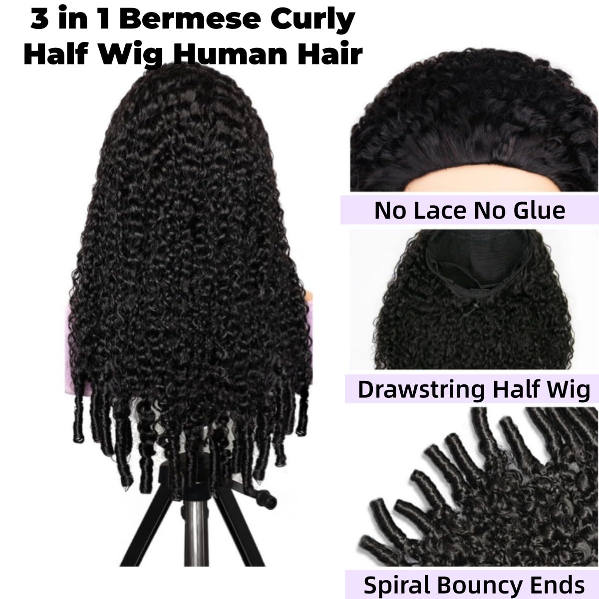 Half Wig Human Hair Burmese Curly Wear and Go Bez Kleju Ludzkie Włosy ze Spiralnymi Końcami 3 W 1 Bezszwowy Flip Headband Gęstość 180% Przyjazny Dla Początkujących Naturalny Czarny 14 Cali