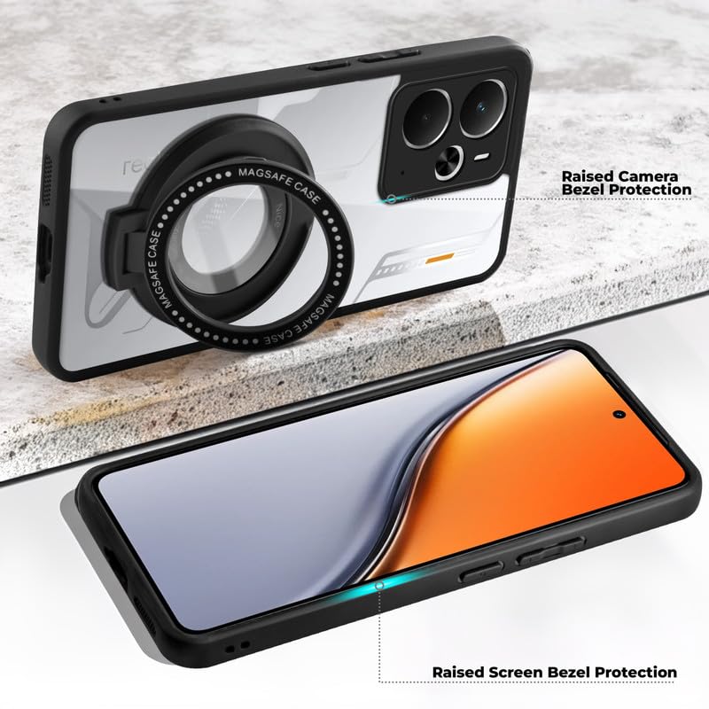 Image of Mr. Case Back Cover for Realme 14 5G with Transparent Back & Kickstand | Clear Hard Back with Silicone Frame - Black